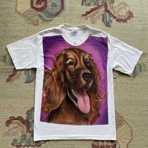 Vintage Cocker Spaniel Airbrush T Shirt Y2K Small White Dog Animal Weird Unique